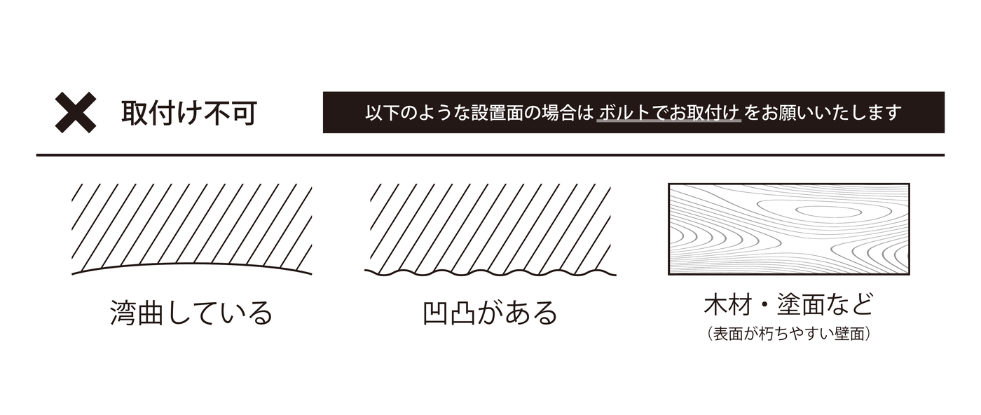 取付け不可な設置面の例:湾曲している/凹凸がある/木材・塗面など